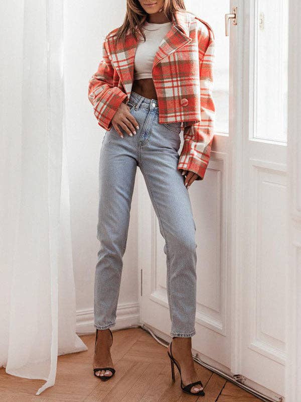 UZ Store - Long Sleeves Loose Plaid Split-Joint Peter Pan Collar Jackets&Coats: GREEN