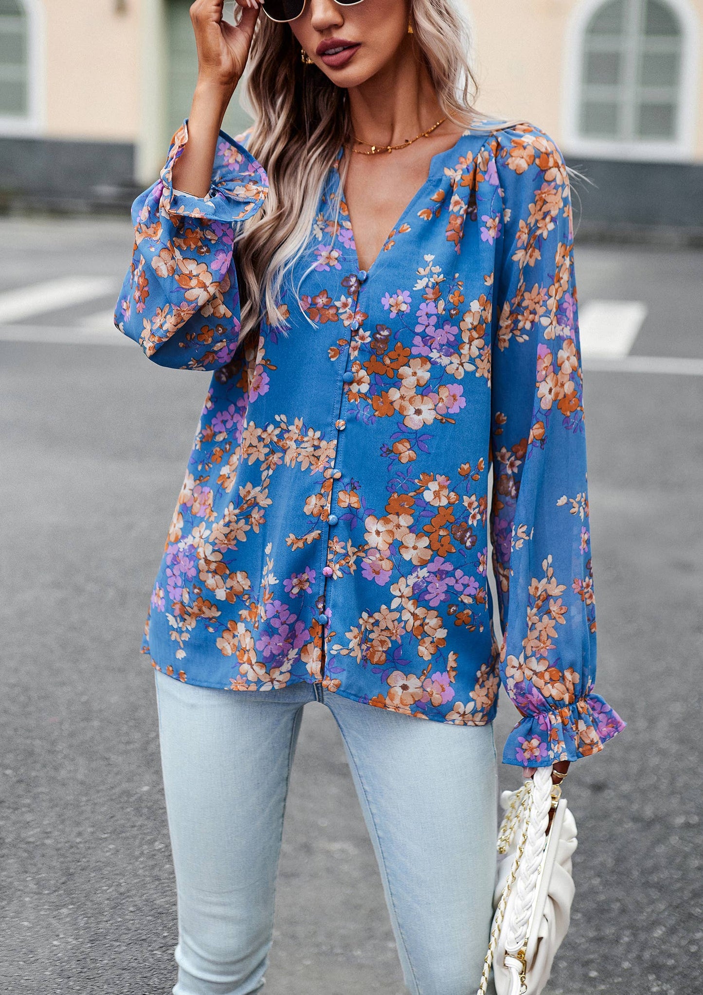 ePretty - Floral Button Down Long Sleeve Blouse SZ25-TP32012: Beige / S
