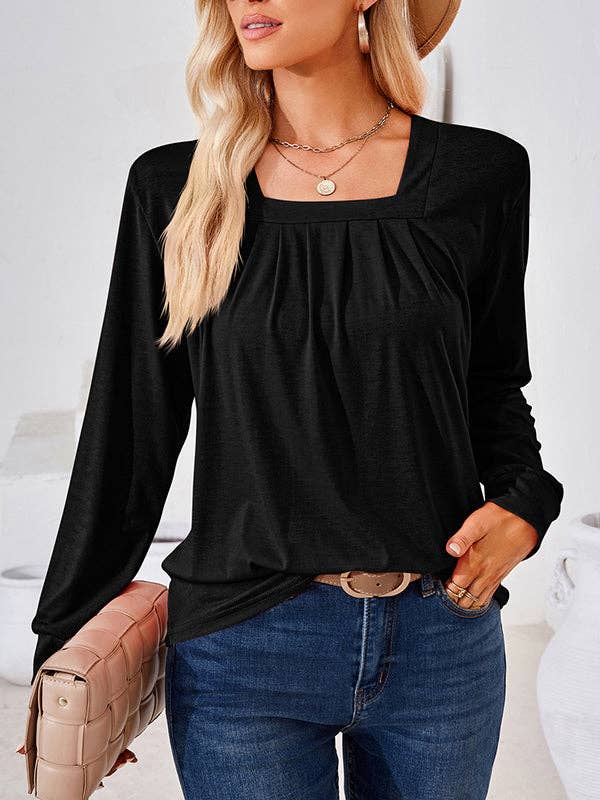 UZ Wholesale Store - Long Sleeves Loose Pleated Solid Color Square-Neck T-Shirts Tops: PINK / L
