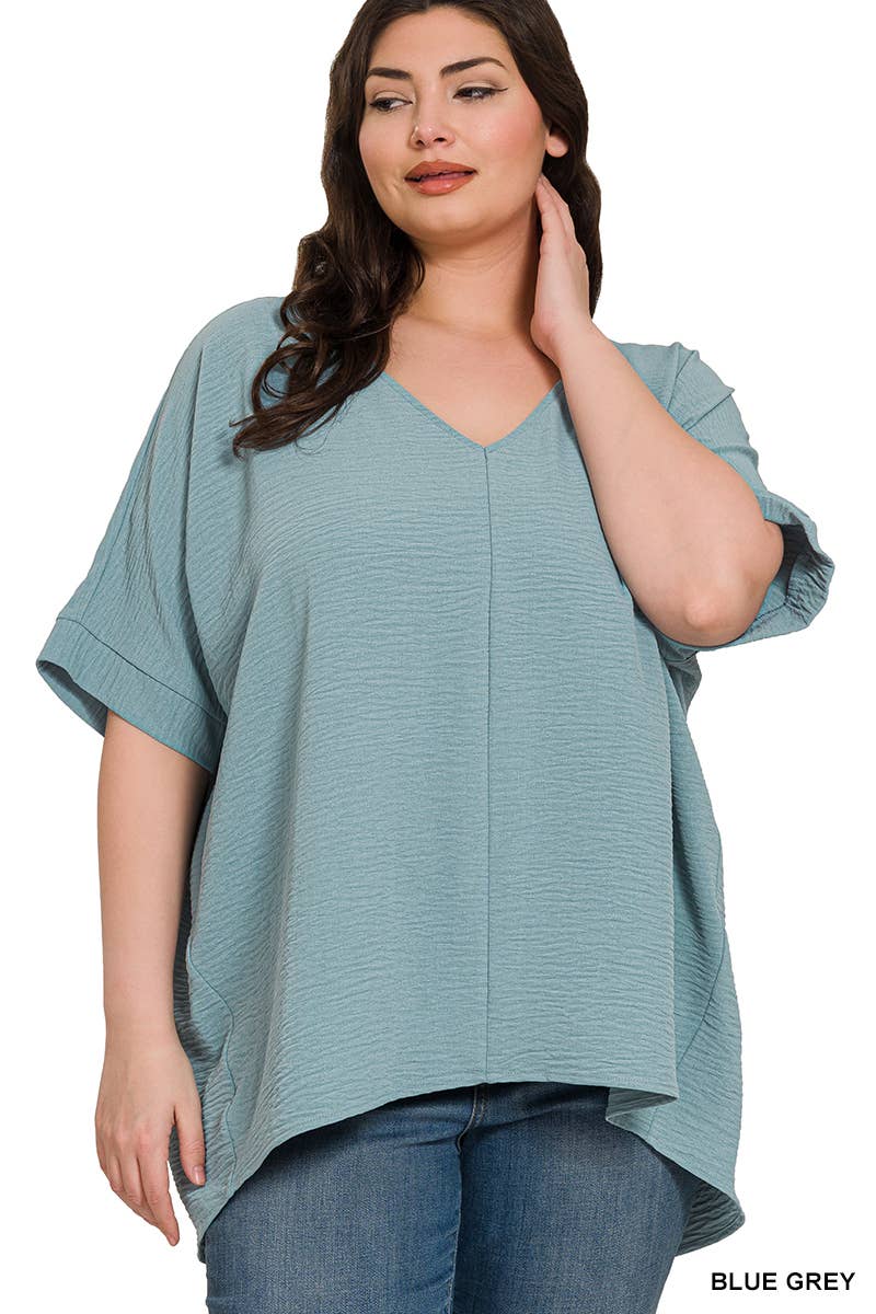 42POPS - PLUS SIZE WOVEN AIRFLOW V-NECK DOLMAN SHORT SLEEVE TOP: LT NAVY-152211 / 3X