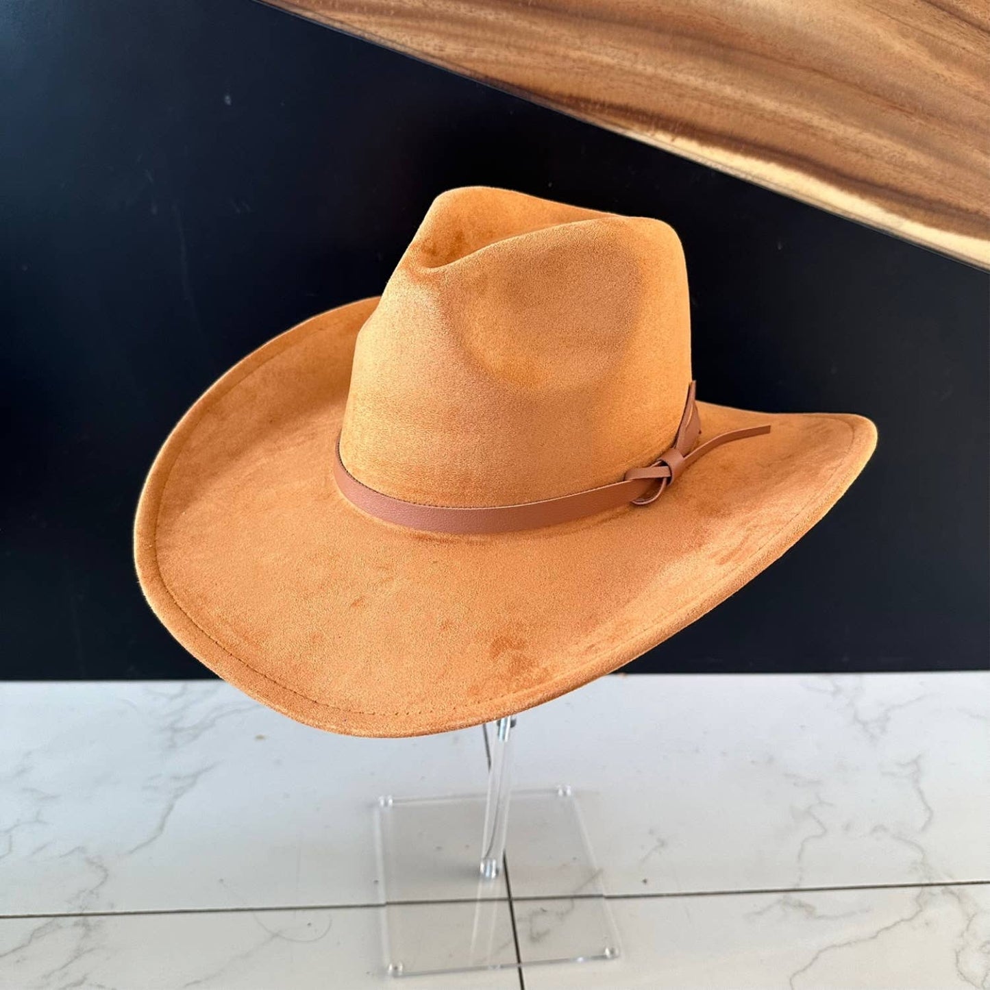 Queens INC - Fashion Vegan suede Cowboy hat  W/ Leather Belt: CAMEL / ONE SIZE