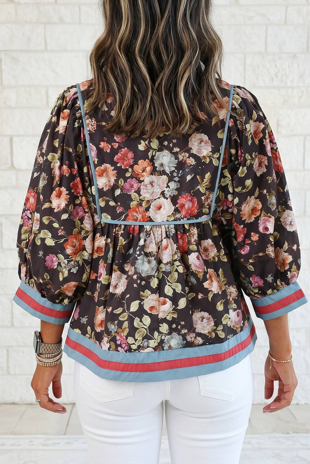 1 the Woman - Floral Print Trim Tie V Neck Bracelet Sleeve Blouse : Black / S