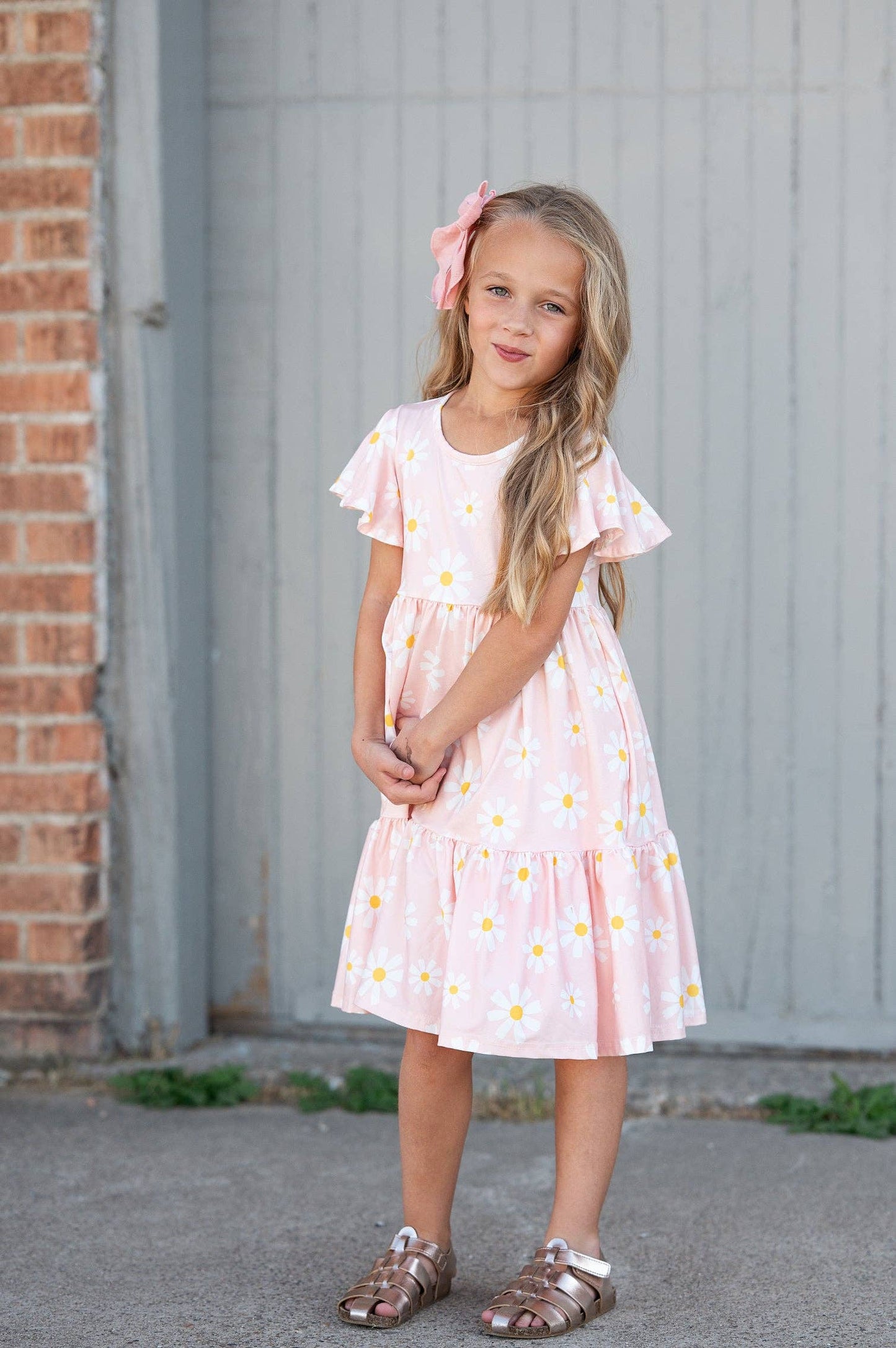 Oopsie Daisy - Girls Emma Pink Spring Daisy Flutter Sleeve Twirl Dress: 7/8