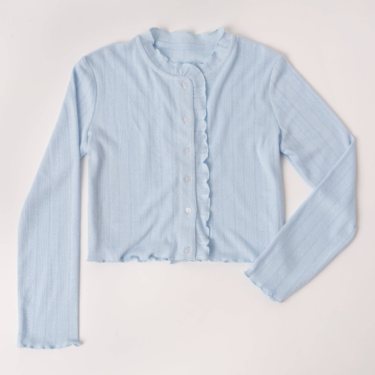 Kidpik - Lettuce Edge Pointelle Cardigan: Powder Blue Girl's size 7-16
