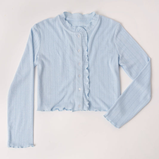 Kidpik - Lettuce Edge Pointelle Cardigan: Powder Blue Girl's size 7-16