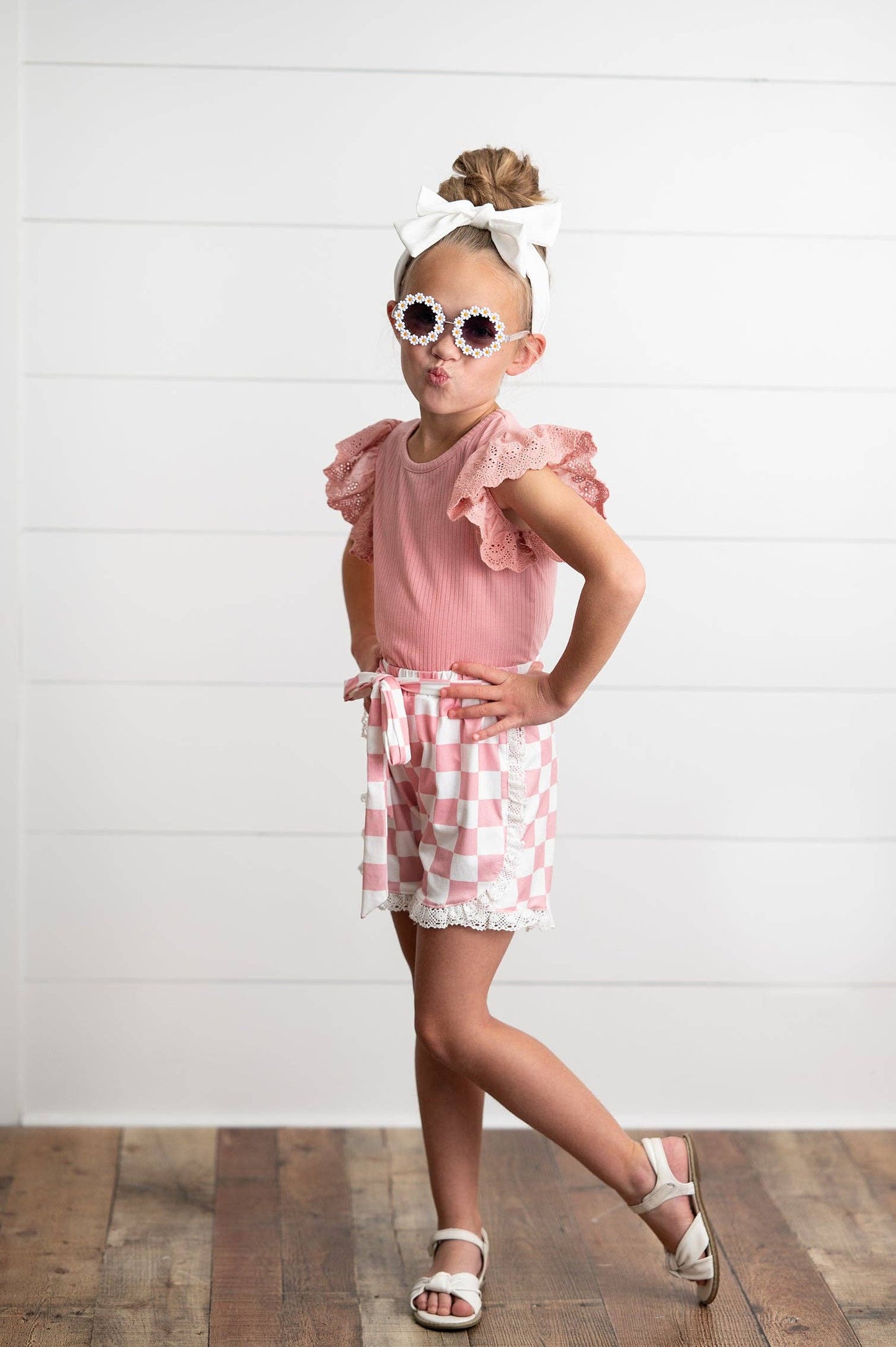Oopsie Daisy - Girls Pink Lace Checkered Spring Summer Ruffle Short Set: 10/12