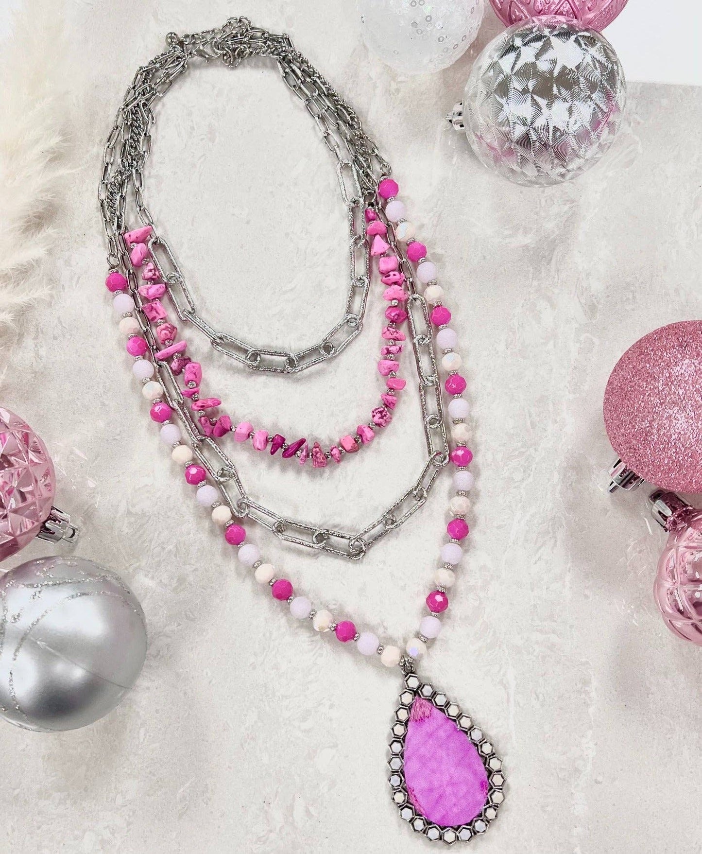 GRACE+EMMA by Southern Grace - Pink Moment Four Strand Silver Necklace: Silver / One Size