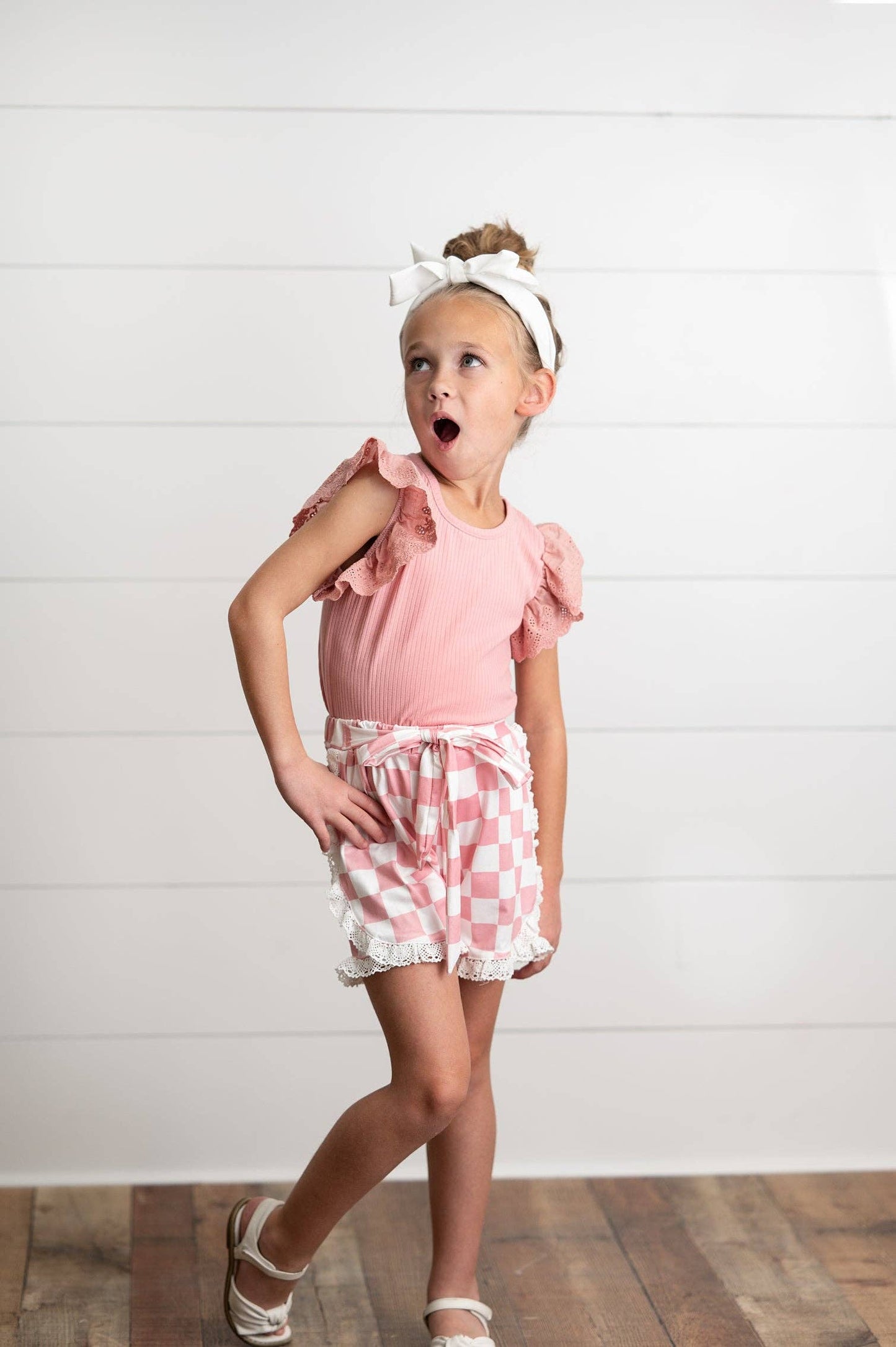 Oopsie Daisy - Girls Pink Lace Checkered Spring Summer Ruffle Short Set: 7/8