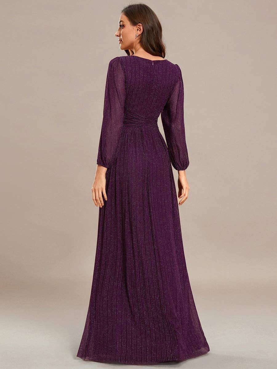 Ever-Pretty - Maxi Long Chiffon Waist V Neck Long Sleeves Evening Dress: Burgundy / 14