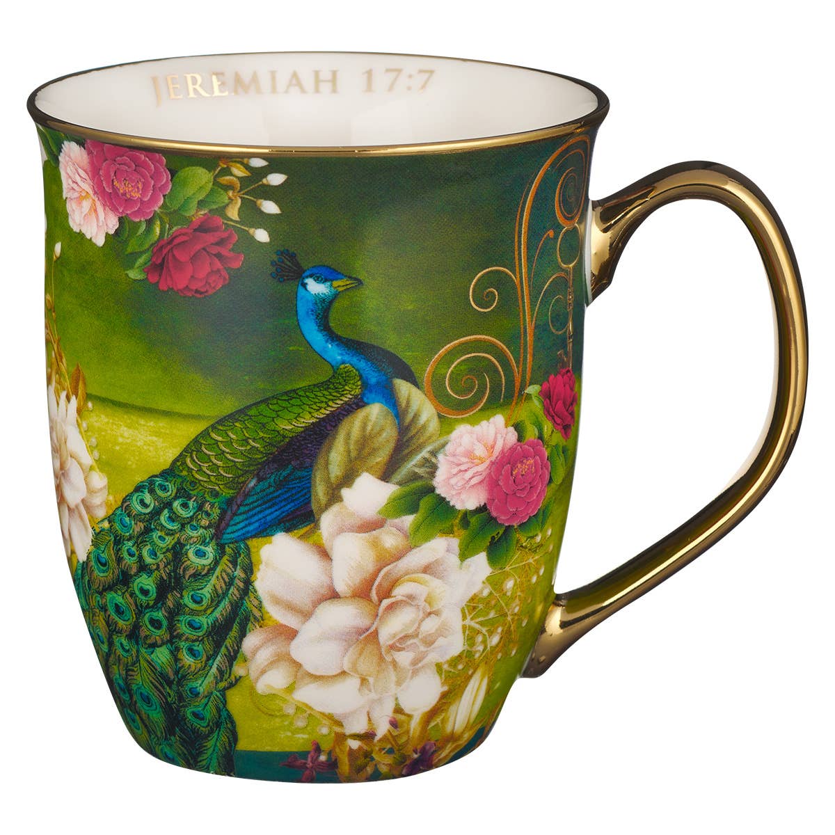 Christian Art Gifts - Mug Blue/White Peacock Blessed Jer. 17:7