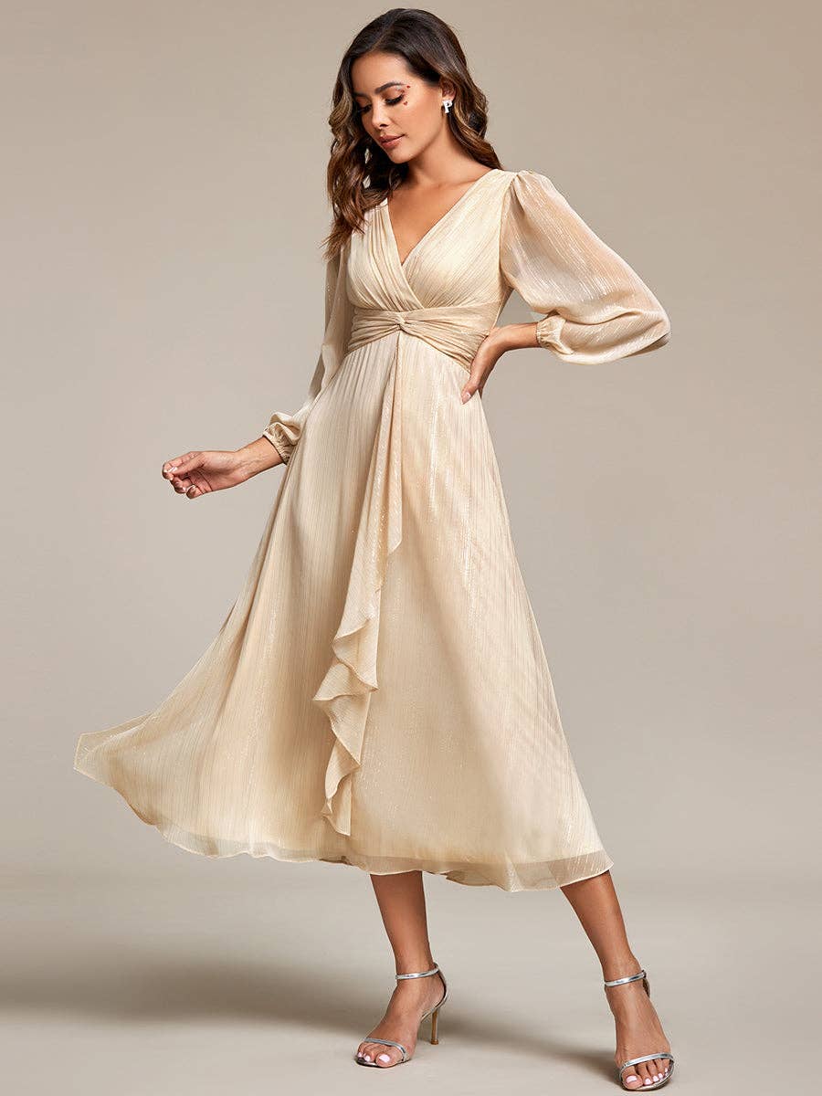 Ever-Pretty - Shiny Chiffon Wedding Guest Dress with Long Sleeve: Black / 12