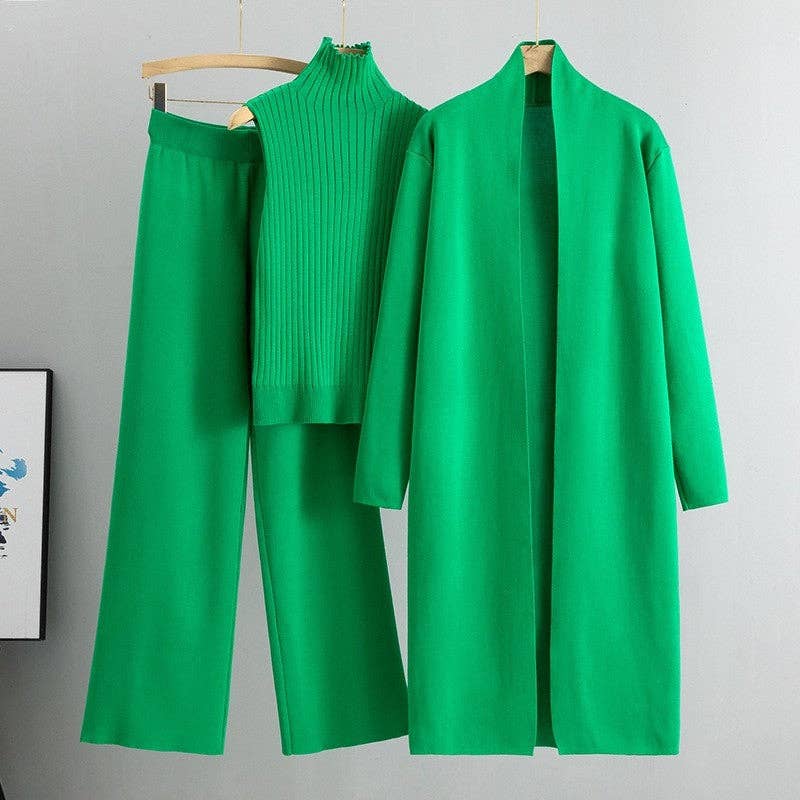 UZ Wholesale Store - Knitted Vest, Cardigan, And Pants Set: GREEN / One_size