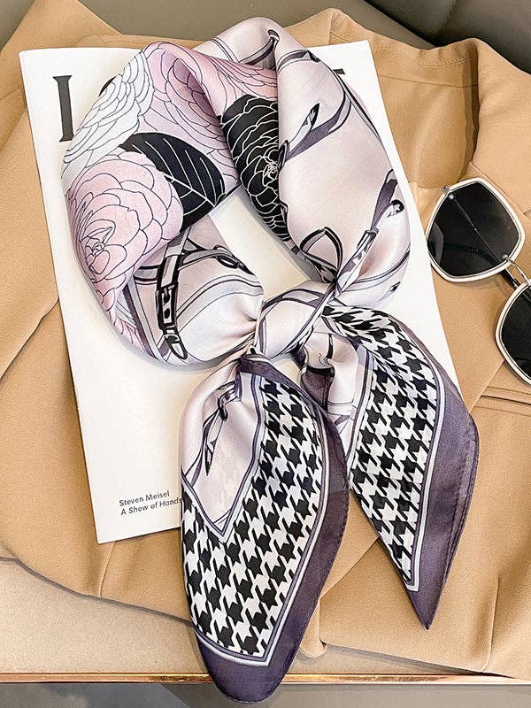 U.Z. Flower Print Houndstooth Scarf: PURPLE