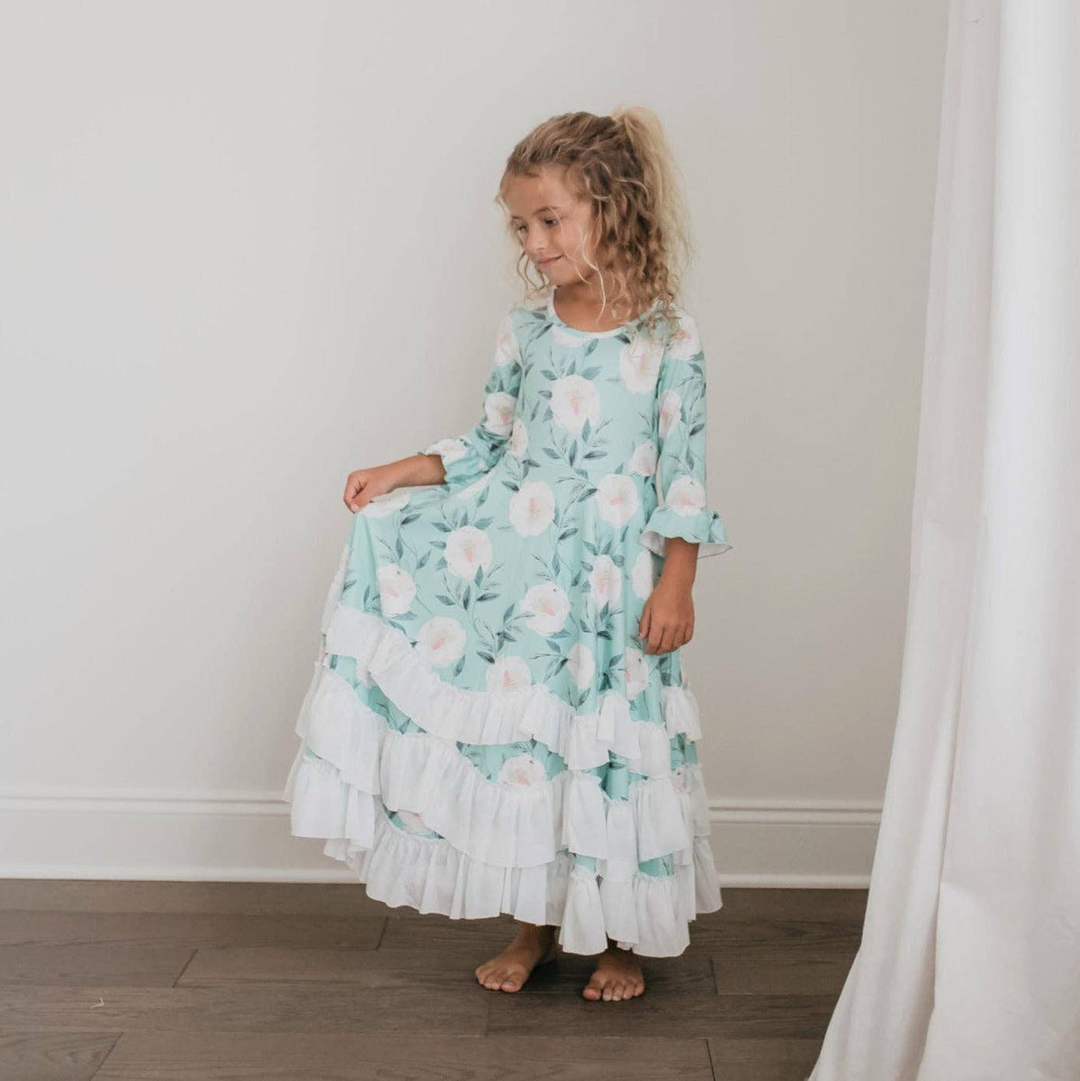Oopsie Daisy - Kids Winter Mint Floral Long Sleeve Fall Ruffles Dress: 7/8