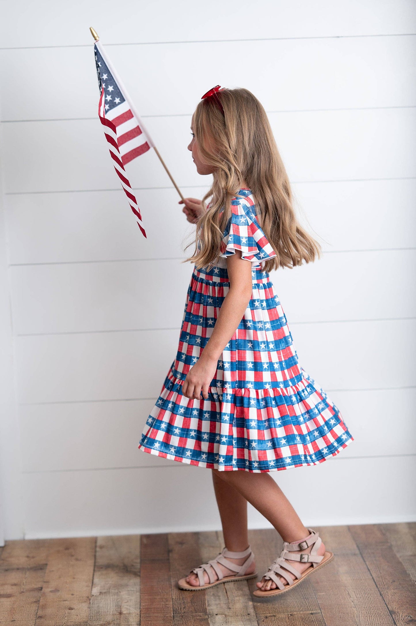 Oopsie Daisy - Kids 4th of July Red Stars & Stripes Flutter Sleeve Dress: 3/4