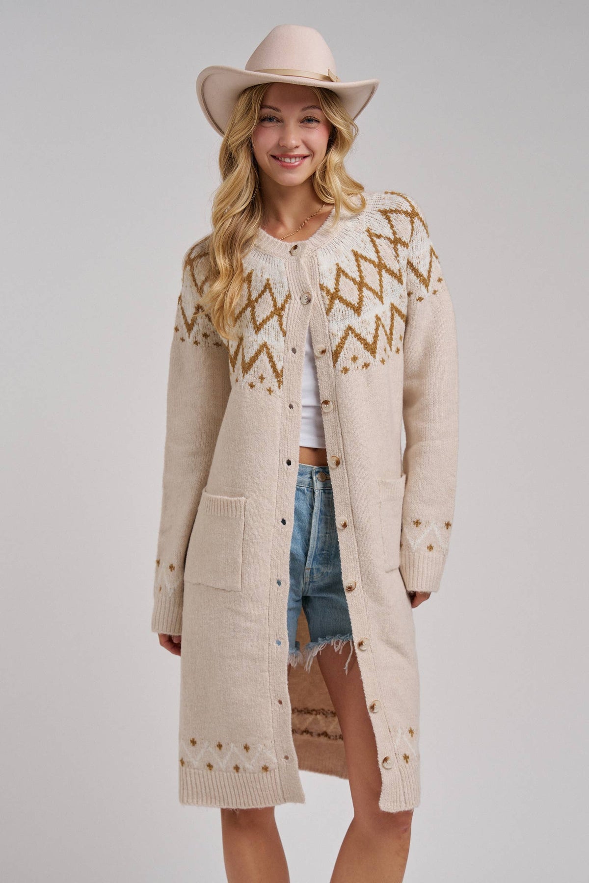 BON - NORDIC FAIR ISLE SWEATER LONG CARDIGAN IN OATMEAL