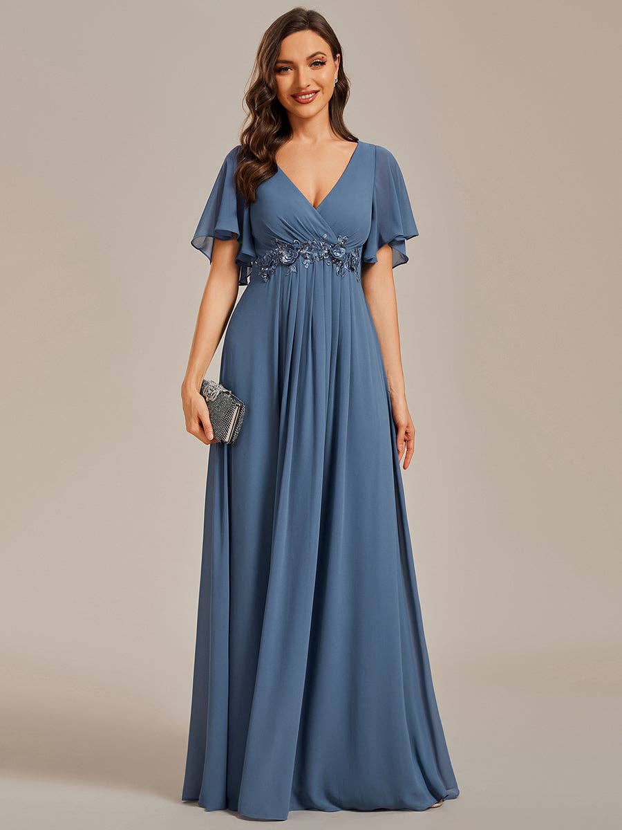 Ever-Pretty - V Neck Appliques Pleated Bridesmaid Dress: Dark Green / 24