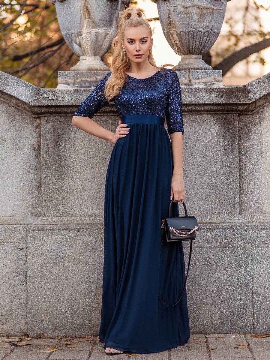 Ever-Pretty - Elegant Round Neckline Sequins Patchwork Dress: Navy Blue / 16