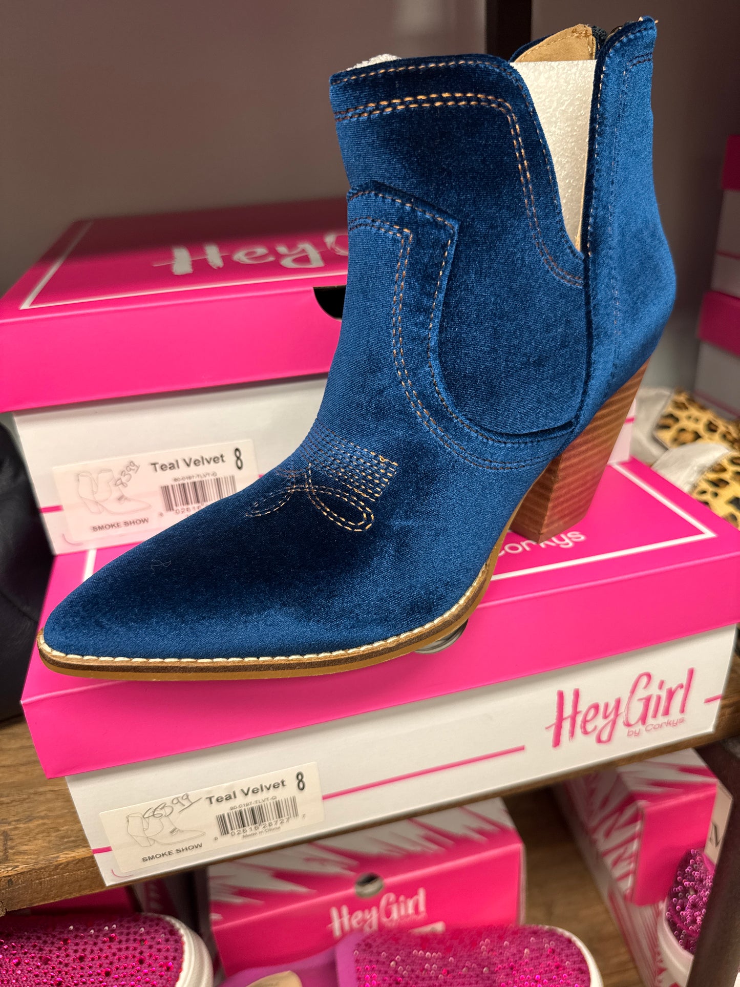 Hey Girl by Corky’s Smoke Show-Teal Velvet Boots.