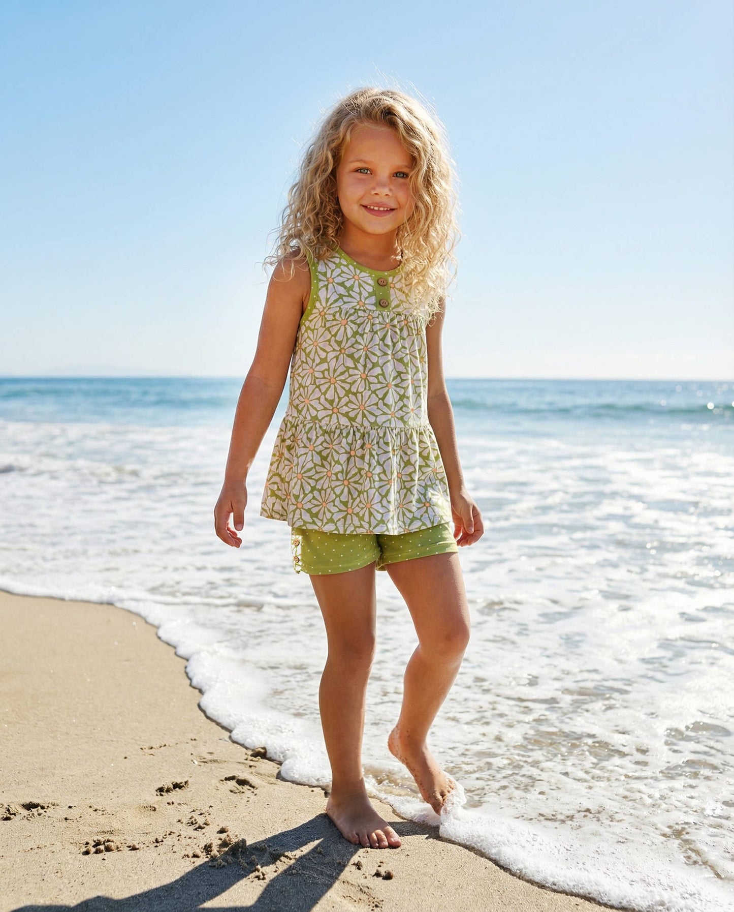 Oopsie Daisy - Kids Ruby Lime Green Daisy Spring Summer Short Set: 7/8