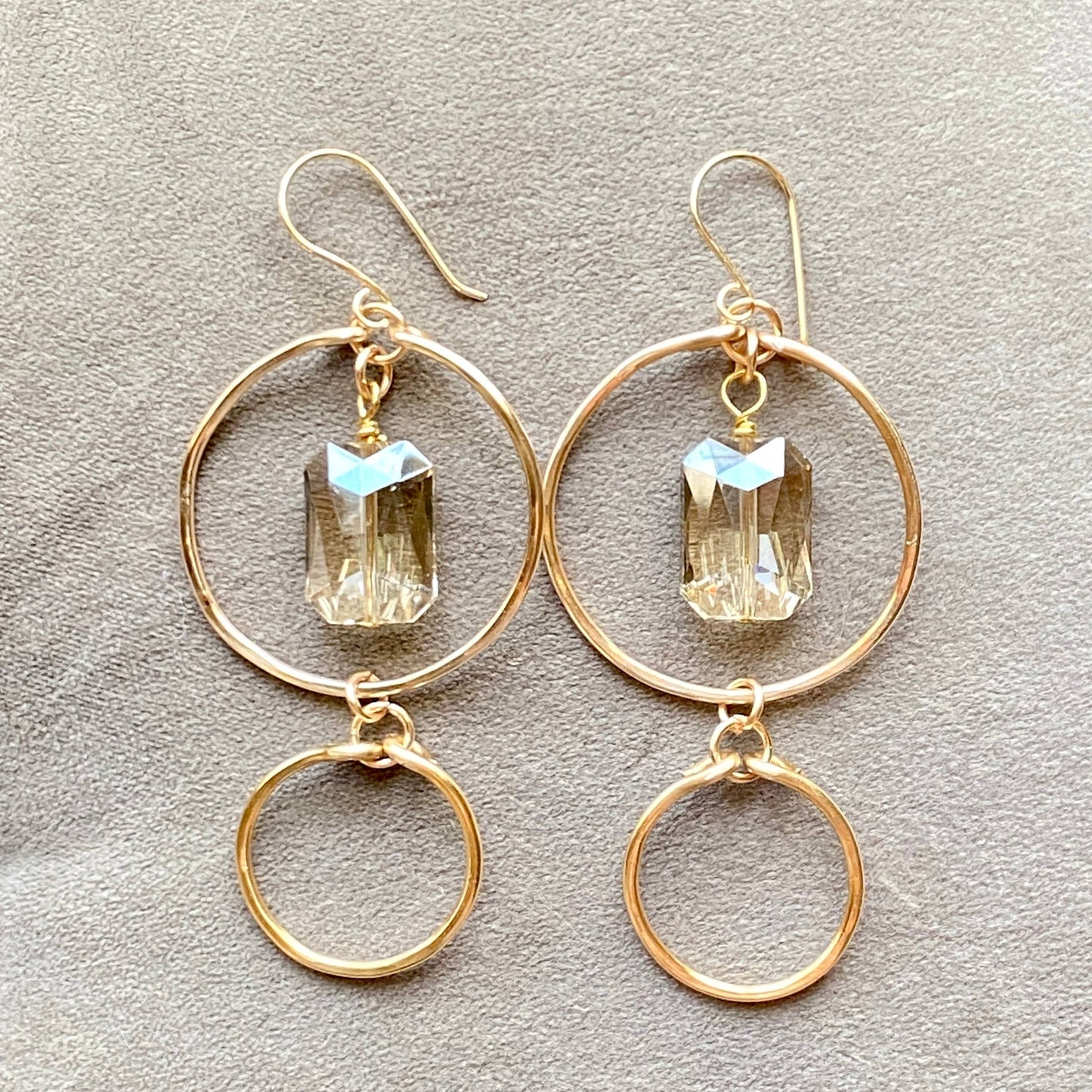 Marble Designs Jewelry - Gold Hammered Double Hoop Earrings with Champagne Crystal: Champagne