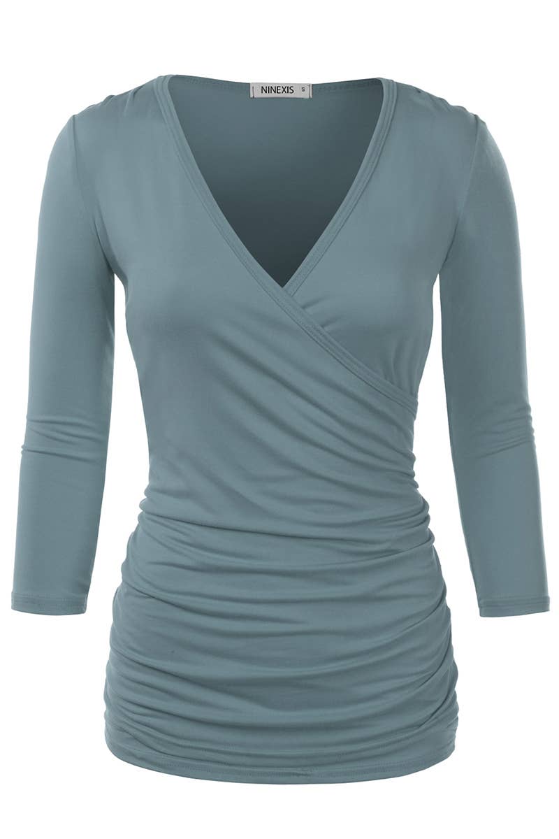 NINEXIS - CWTTL1403_3/4 Sleeve Tank Tops Deep V-Neck Surplice Wrap: NAVY / (S) 1