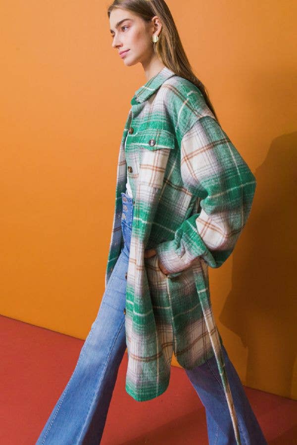 FLYING TOMATO Plaid Midi Shacket Green & Ivory