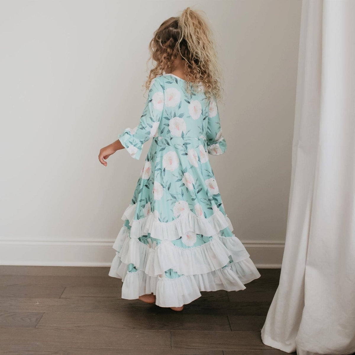 Oopsie Daisy - Kids Winter Mint Floral Long Sleeve Fall Ruffles Dress: 7/8