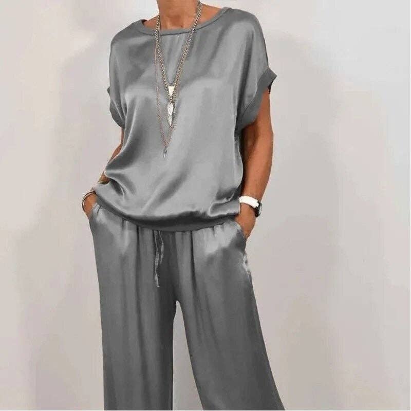 UZ Wholesale Store - Casual Pure Color Loose Tee Wide Leg Pants Set: BLACK / L