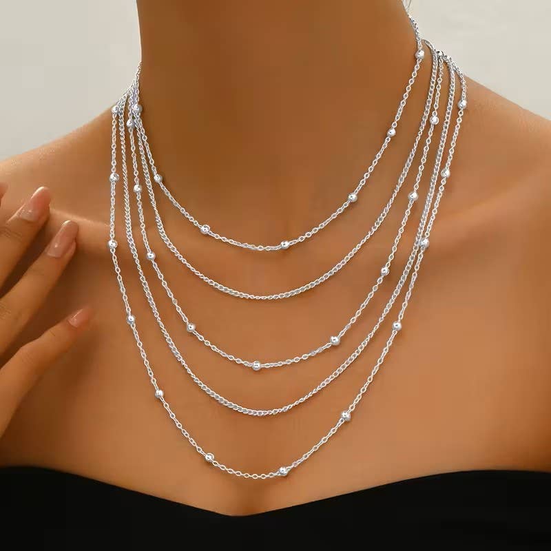 Syrrios Gifts LLC - Layered Multi Strand Beaded Chain Necklace Adjustable Choker: Silver