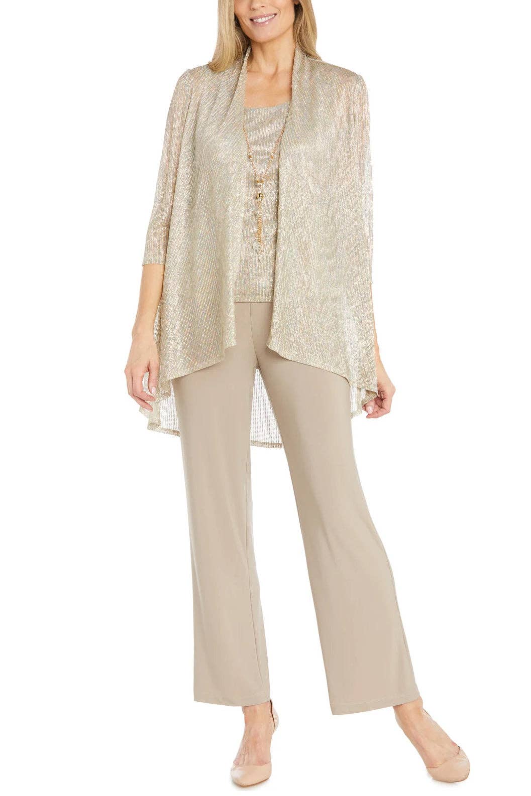 Immediate Apparel - R&M Richards Scoop Neck Sleeveless Top 3/4 Sleeve Jacket Relaxed Straight Trousers Pantsuit with Necklace (Plus Size): BLUE / 14W