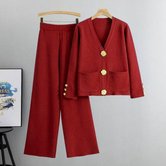 UZ Wholesale Store - Solid Color Knit Cardigan And Wide Leg Pants Set: Burgundy / One_size