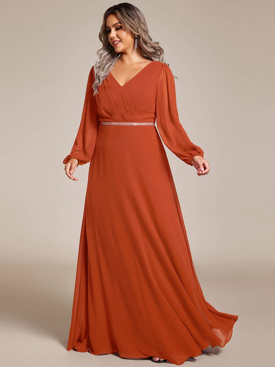 Ever-Pretty - Elegant waisted chiffon V-neck Long Sleeve guest Dress: Burgundy / 12