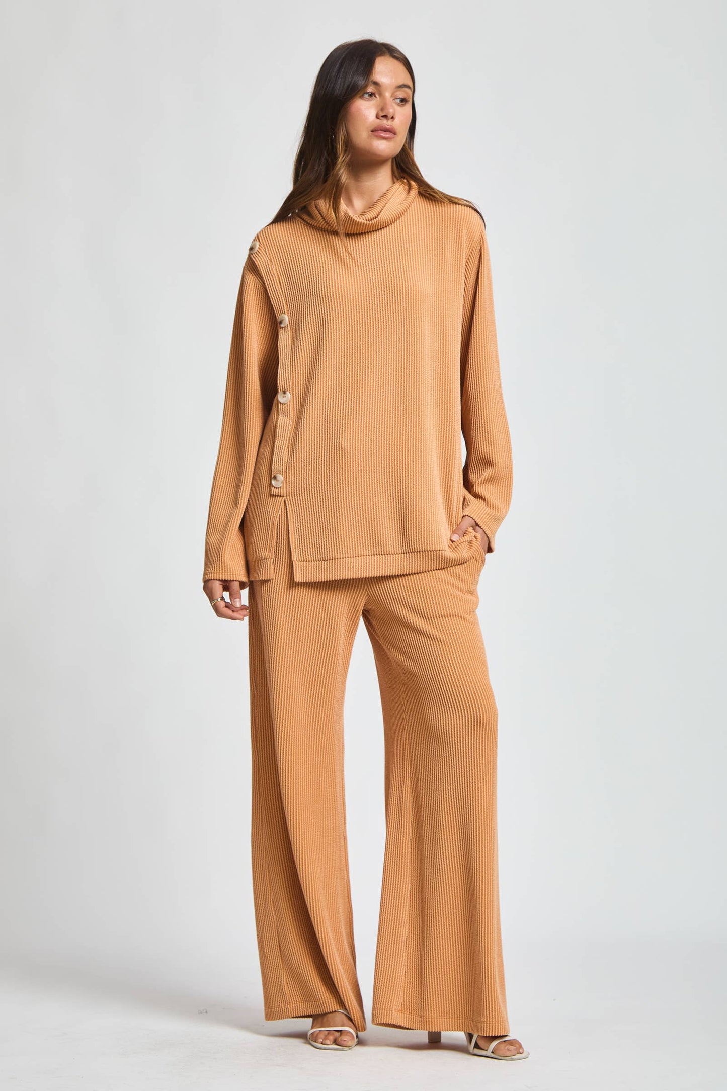 Dear Scarlett - 2-Piece Cowl Neck Ribbed Set TRVSET-LAVISH: WINE