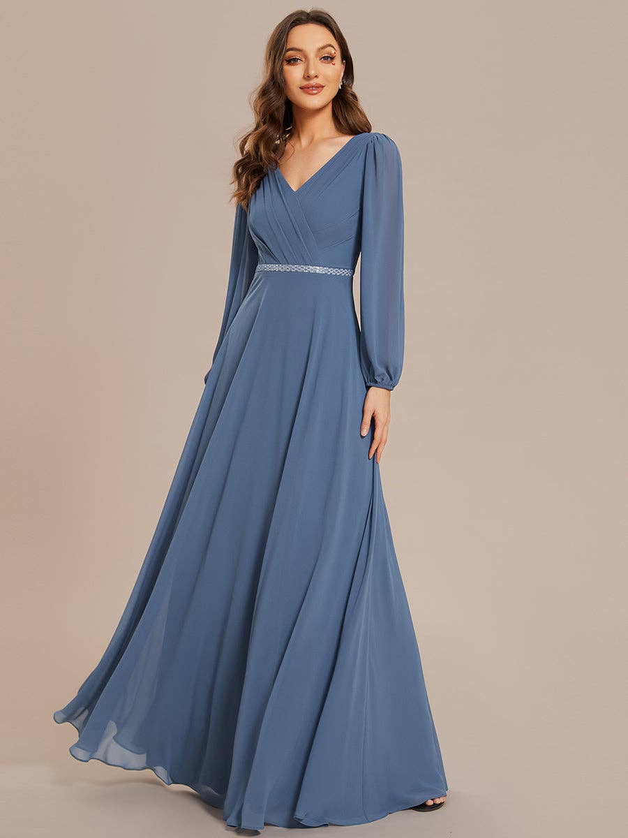 Ever-Pretty - Elegant waisted chiffon V-neck Long Sleeve guest Dress: Burgundy / 12