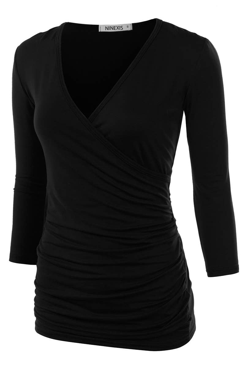 NINEXIS - CWTTL1403_3/4 Sleeve Tank Tops Deep V-Neck Surplice Wrap: NAVY / (S) 1