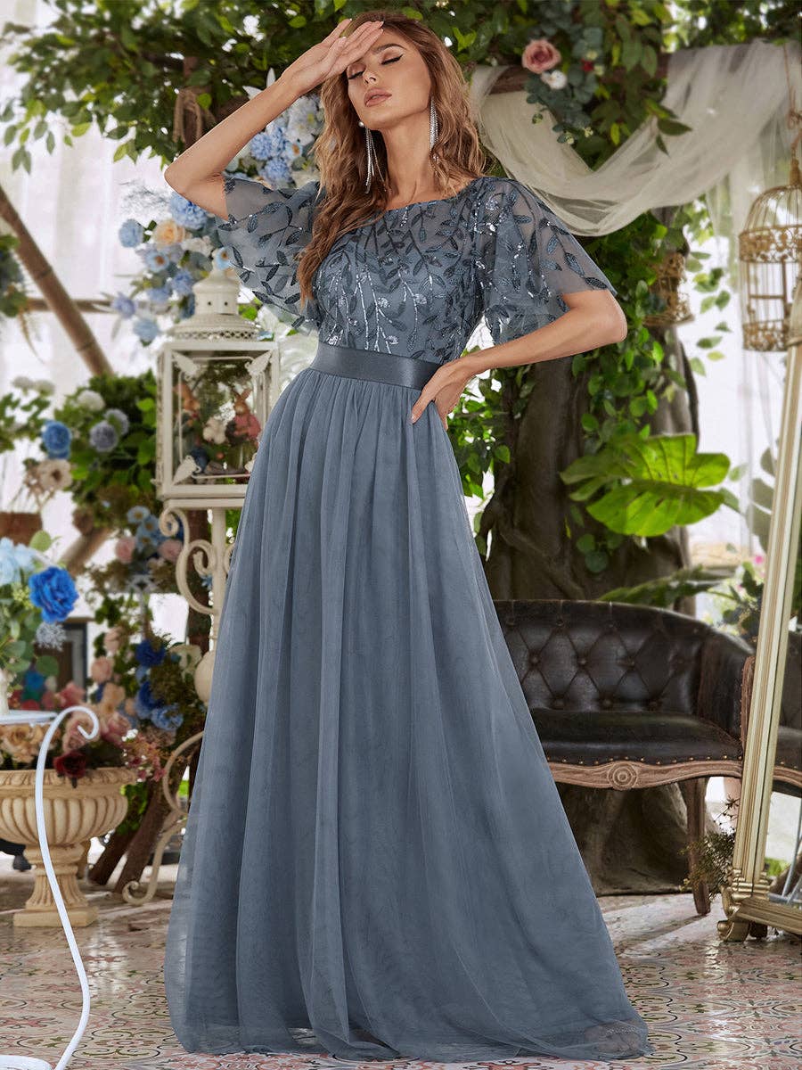 Ever-Pretty - Sequin Print Maxi Long Evening Dresses with Cap Sleeve: Dusty Navy / 14