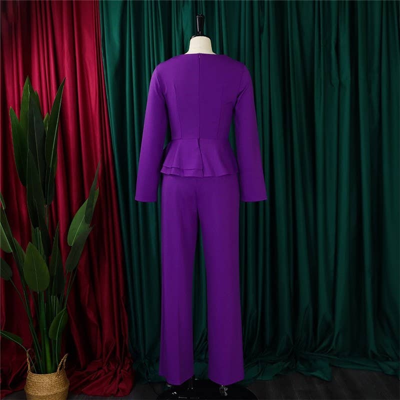 UZ Wholesale Store - Solid Color Ruffle V-Neck Two-Piece Set: PURPLE / 2XL