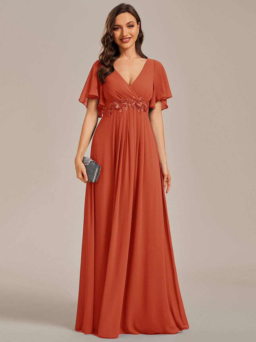 Ever-Pretty - V Neck Appliques Pleated Bridesmaid Dress: Burgundy / 12