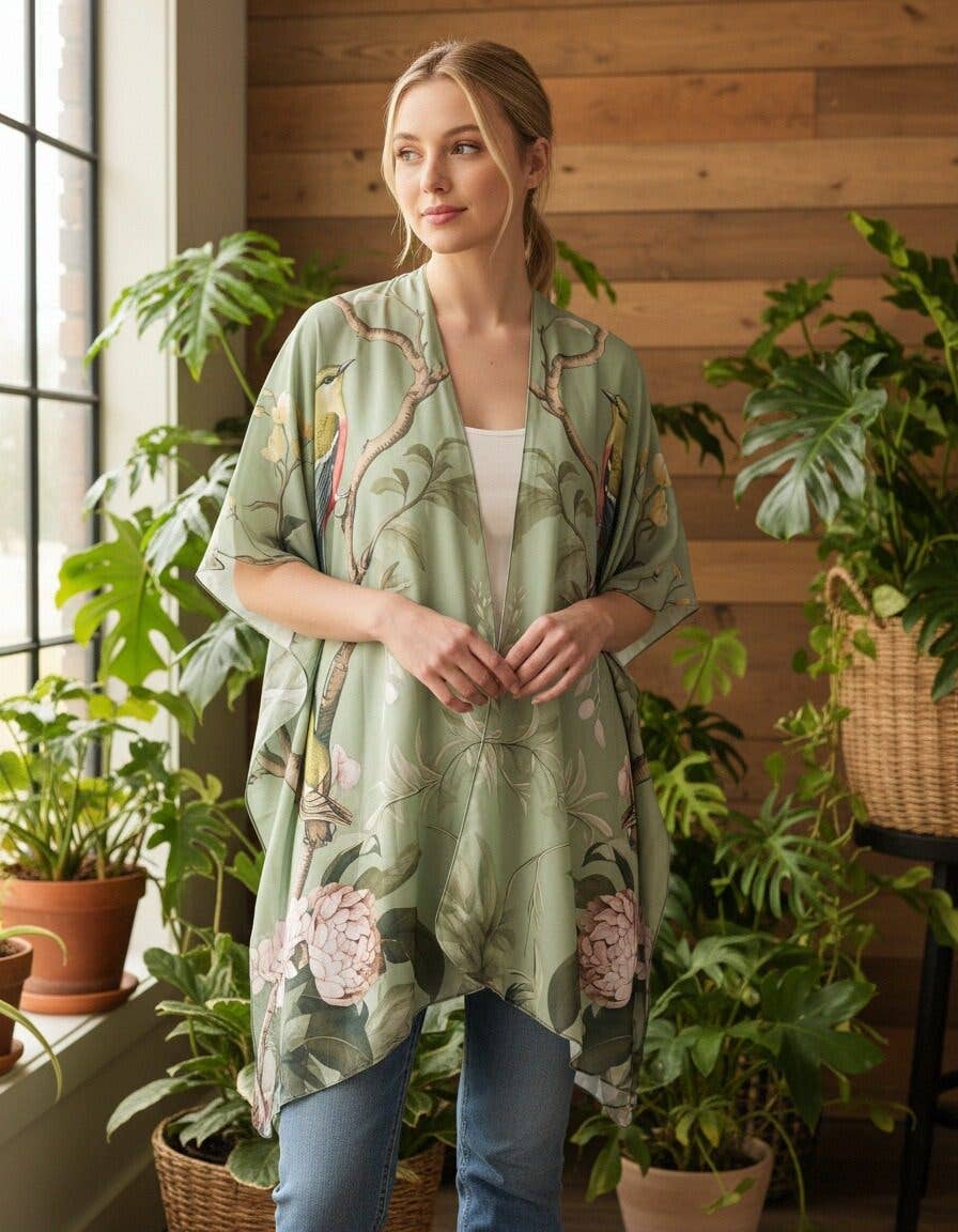 JC Sunny Fashion - JC091729 Green-Multi Spring Garden Blooms & Birds Kimono/Cover-Up