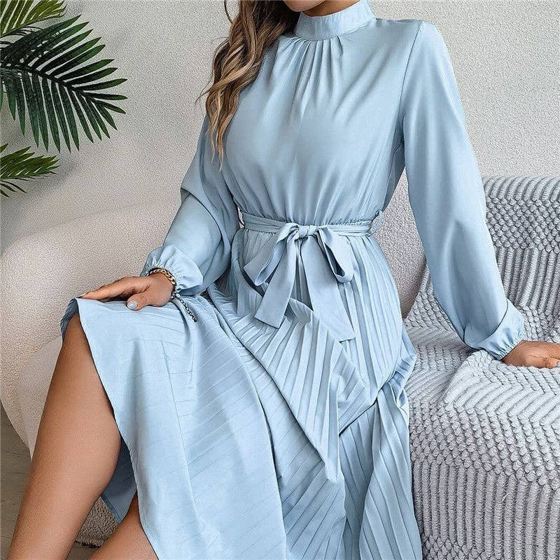 UZ Wholesale Store - Solid Color Stand Collar Long Sleeve Pleated Maxi Dress: BABY BLUE / XL
