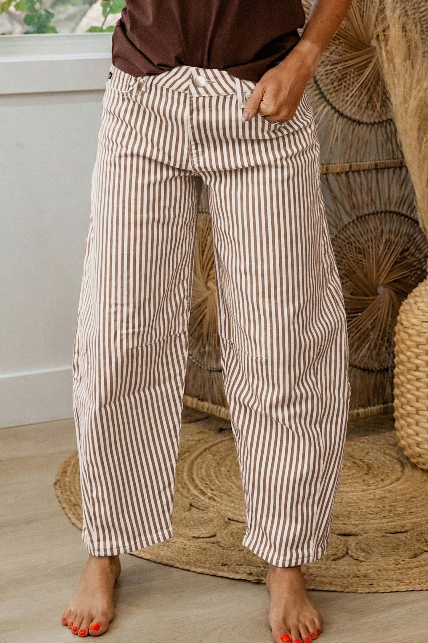 Khaki Stripe Casual Barrel Jeans