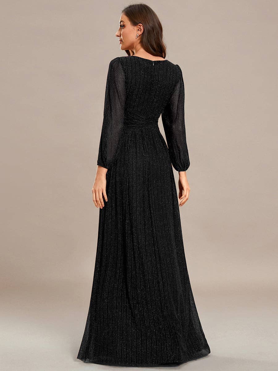 Ever-Pretty - Maxi Long Chiffon Waist V Neck Long Sleeves Evening Dress: Burgundy / 14