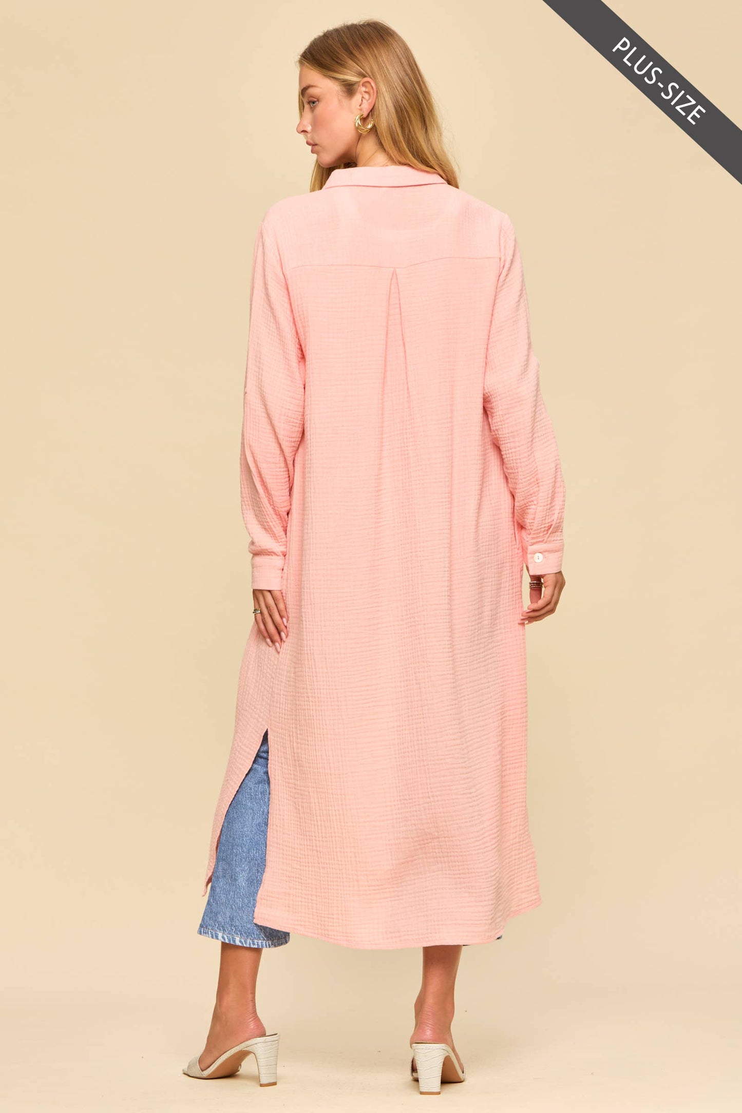 Dear Scarlett  Breathable Cotton Button-Down Duster: PEACH SORBET