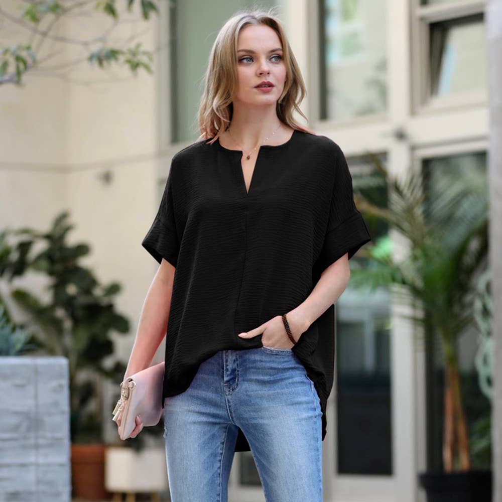 42POPS -Woven Airflow Split Neck Short Sleeve Top Fuschia