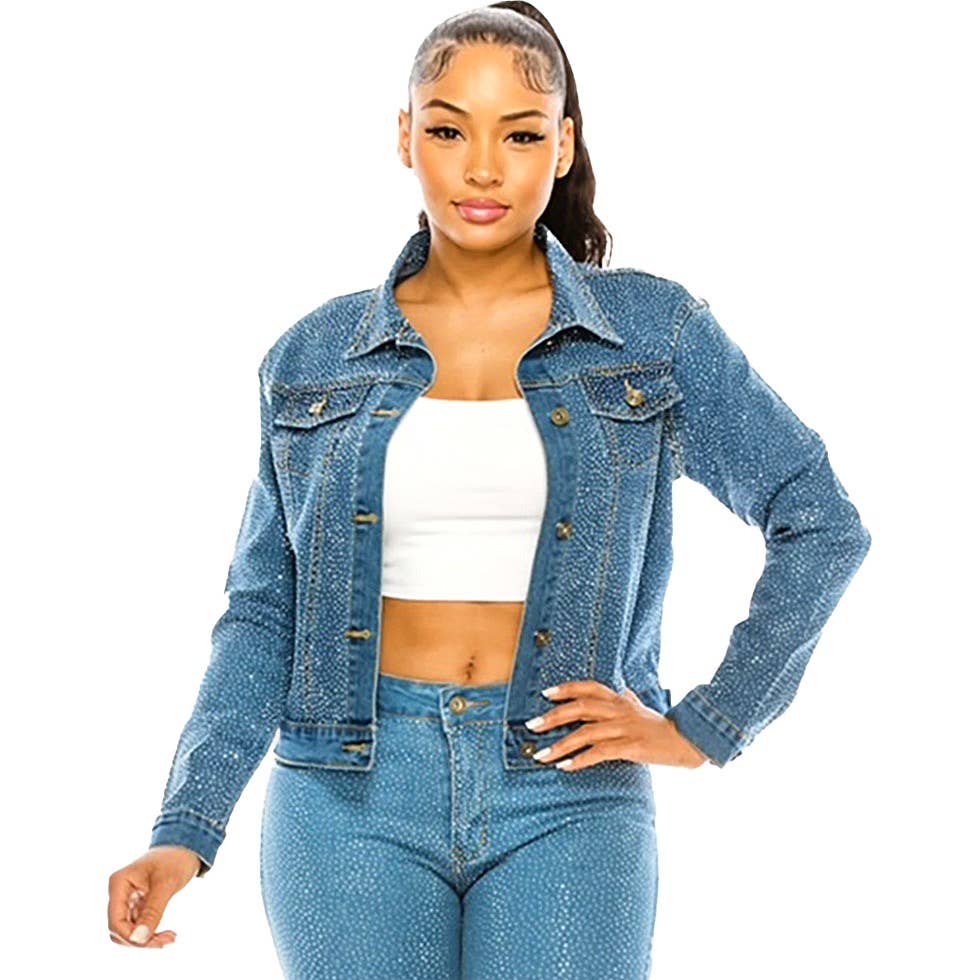 Diacly - Bling Chip Rhinestone Attached Denim Jacket: 2XL