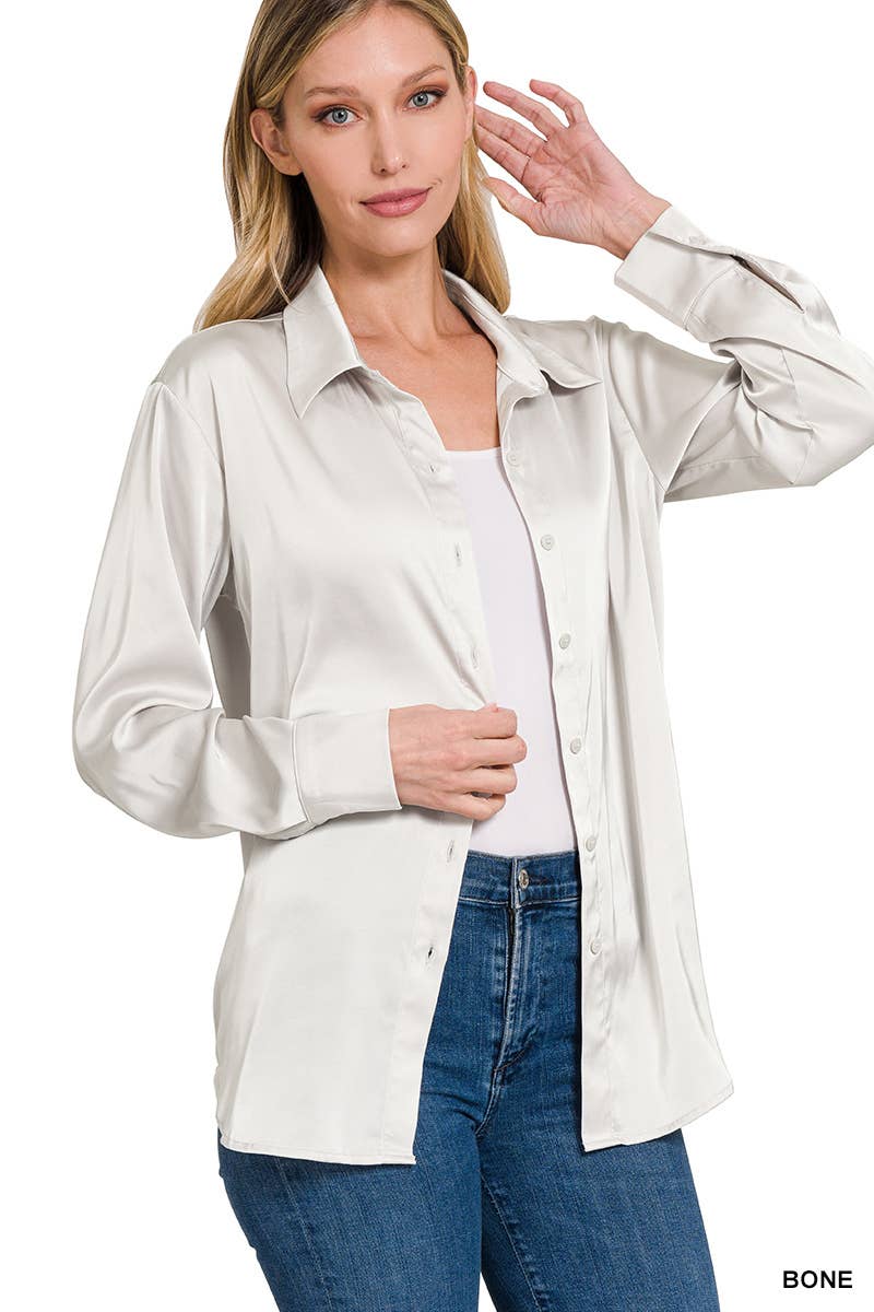 42POPS - ....SI-23622 SATIN CHARMEUSE BUTTON FRONT SHIRT: IVORY-153070 / M
