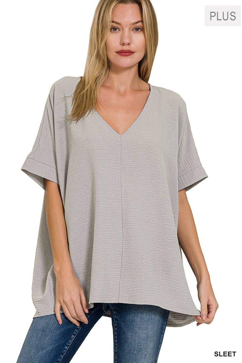 42POPS - PLUS SIZE WOVEN AIRFLOW V-NECK DOLMAN SHORT SLEEVE TOP: FUCHSIA-152206 / 2X