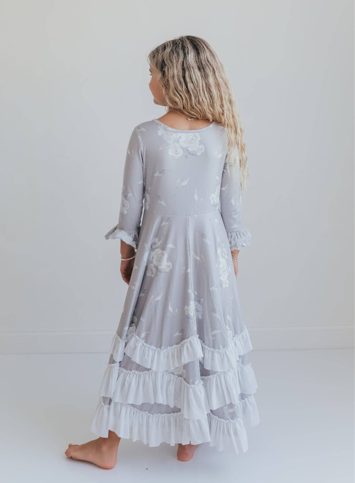 Oopsie Daisy - Girls Winter Rose Floral Long Sleeve Ruffles Dress: 3/4
