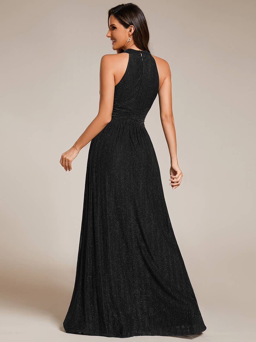 Ever-Pretty - Glittery Halter Neck Pleated Formal Evening Dress: Dark Green / 12